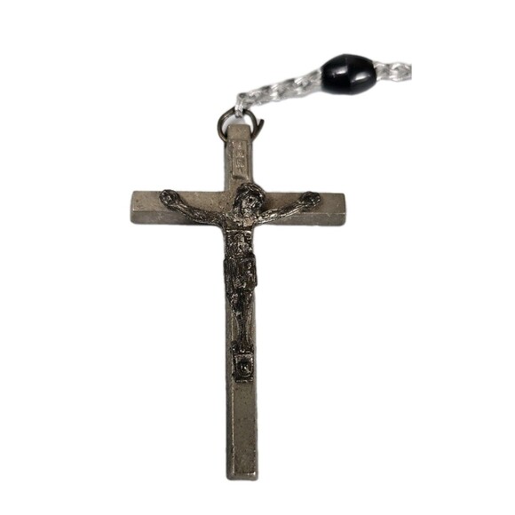 Vintage Rosary Made in Italy Black Oval Beads with Silver Tone Crucifix 18in - Picture 2 of 12